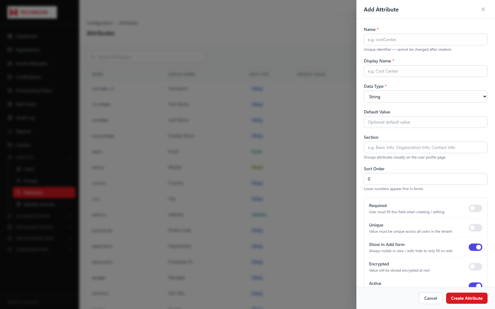 Add an Identity Attribute screen