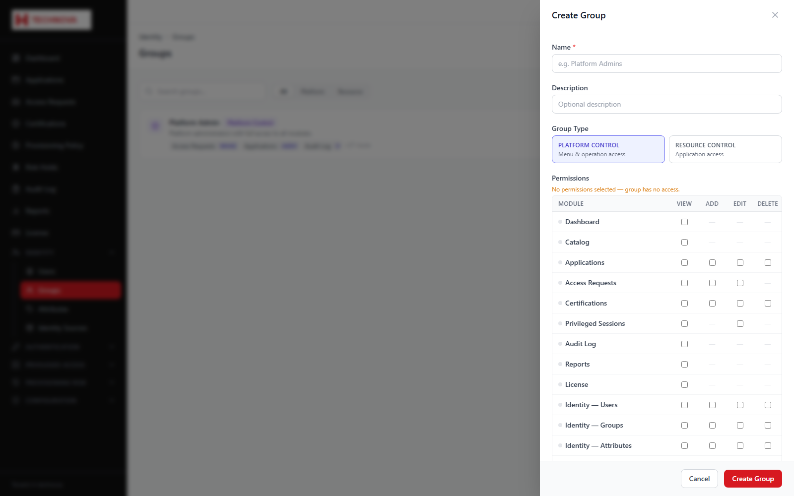 Create a Group screen